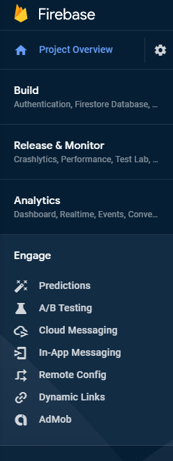 Firebase Console - Sections