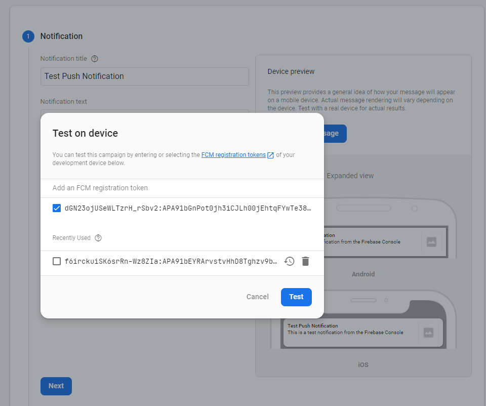 Firebase Console - Send Test Notification